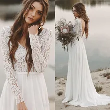 Длинные рукава пляжные свадебные платья без бретелек свадебное платье шифон и кружева v-образным вырезом Vestidos De Novia пляж на заказ слоновой кости белый