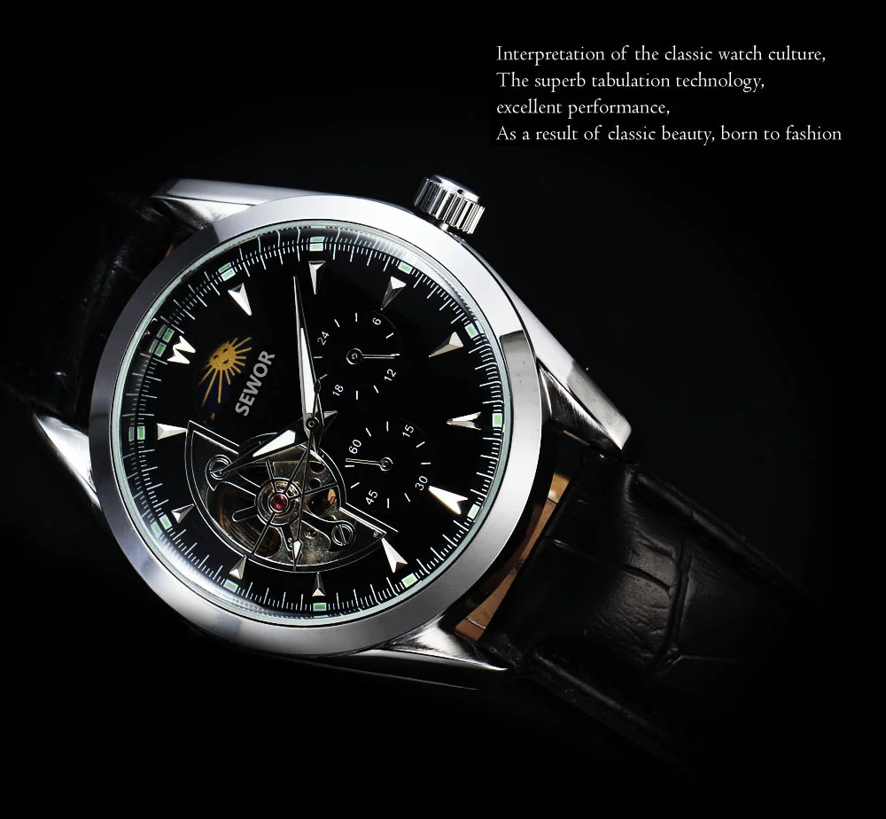 Топ бренд часы Мужские автоматические турбийон часы Moon Phase 24 часа/60 мин суб-циферблат кожаный ремешок Механические наручные часы