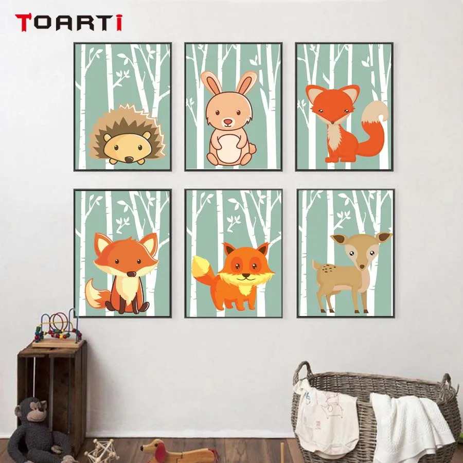 Wall Picture Mural Woodland Hedgehog Animals Cartoon Poster For Kids Nursery Playroom Wall Art Prints Canvas Painting Home Decor (2)