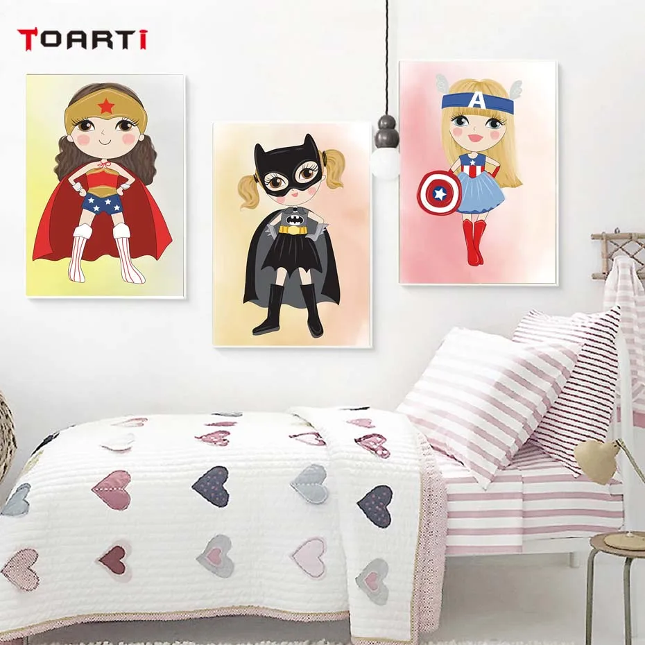 Wall Art Print Poster Cartoon Women Girl Superhero For Kids