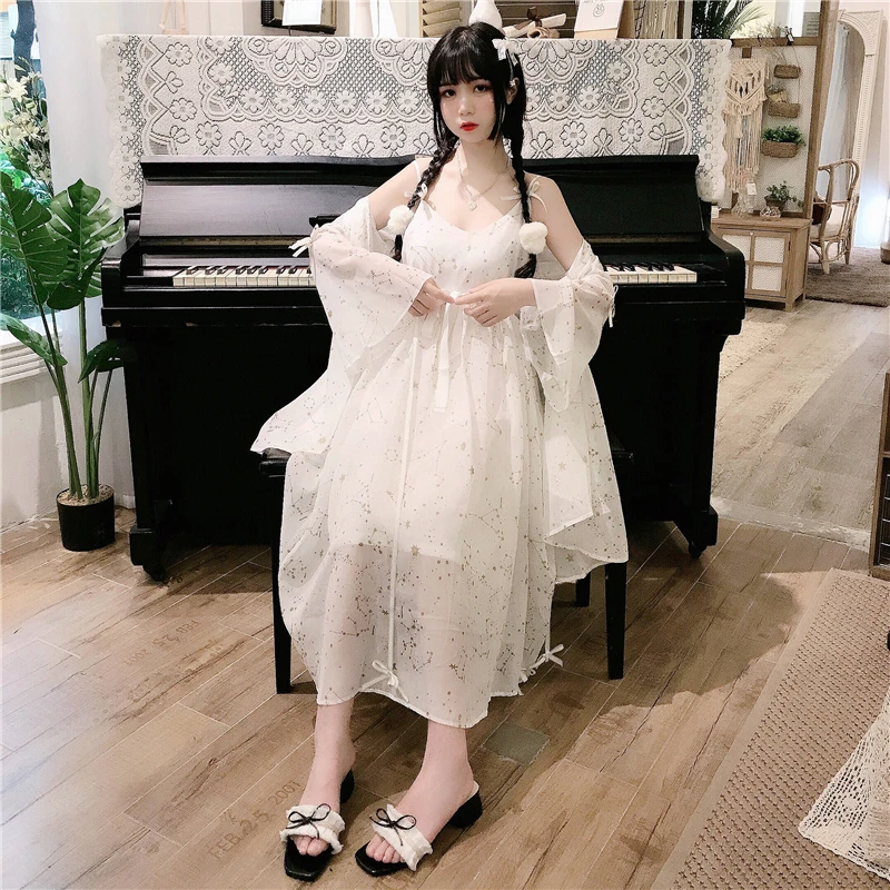 Платье Лолиты Kawaii платье для женщин японская милая Лолита позолоченное платье на бретелях+ солнцезащитное пальто куртка из двух частей милый