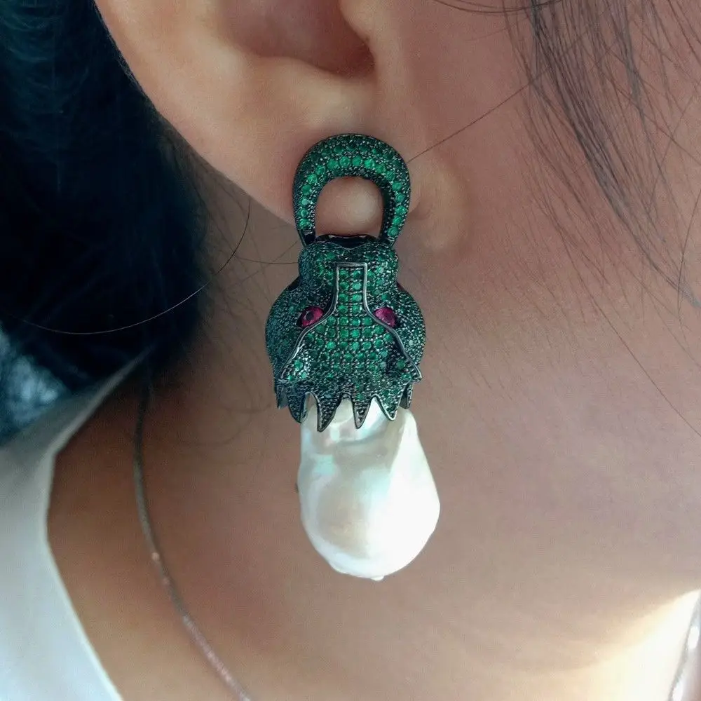 

White Keshi Pearl Earrings Green CZ Pave Dragon Stud