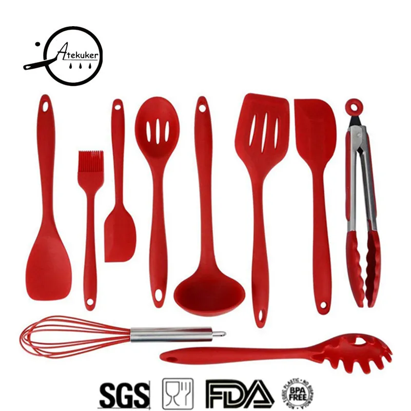

Atekuker 10Pcs Silicone Kitchen Utensils Cooking Set Spatula Spoon Ladle Slotted Turner Spaghetti Tools Kitchen Accessories