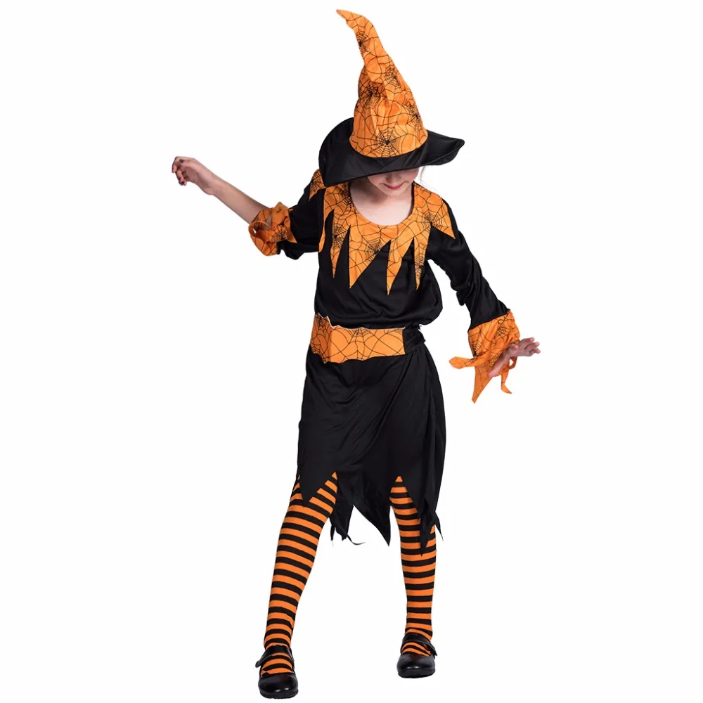 

Eraspooky halloween costume for kids 2018 children long sleeve costume dress with hat Pumpkim Spider Witch Costume for girls
