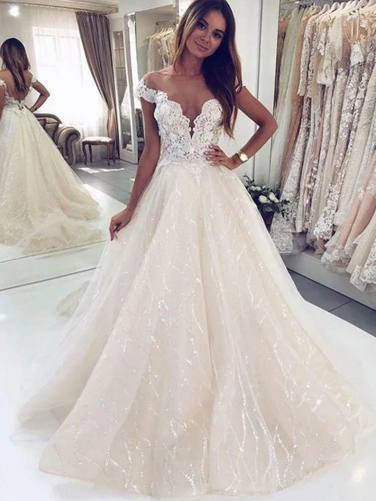 Sparkly-Ball-Gown-Wedding-Dresses-2019-Off-the-Shoulder-V-Neck-Ivory-Sequin-Lace-Long-Wedding