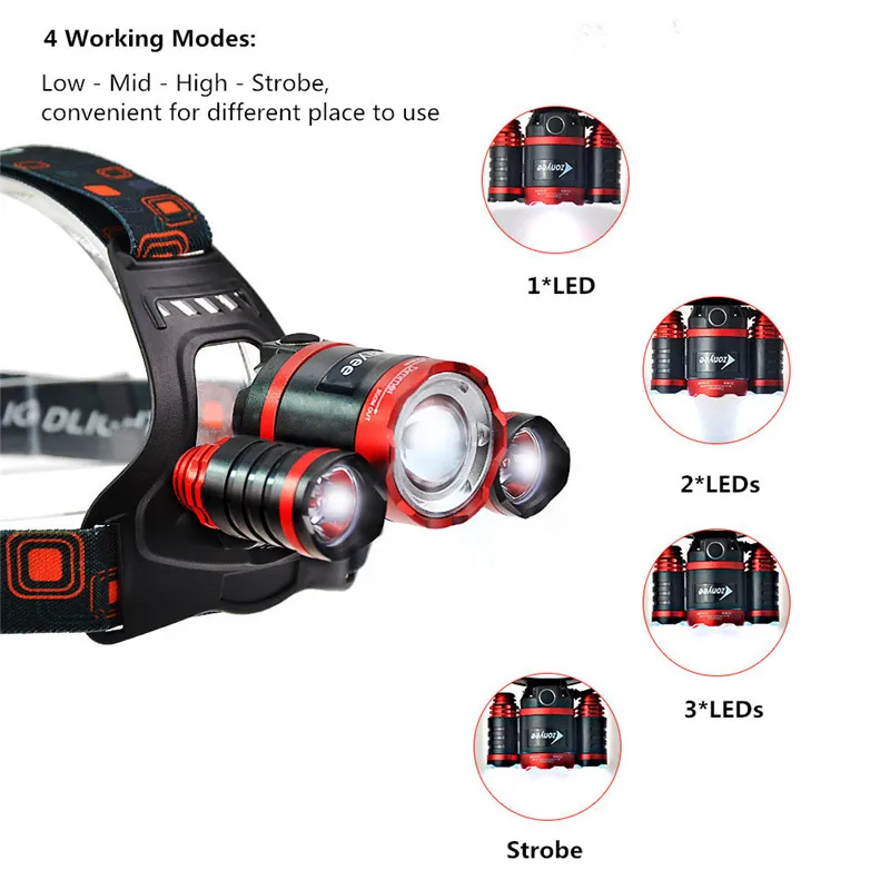 Zonyee налобный фонарь светодиодная Налобная лампа 3T6 перезаряжаемый мощный налобный фонарь 10000лм CREE 4 Режим Факел+ 18650 зарядное устройство фонарик