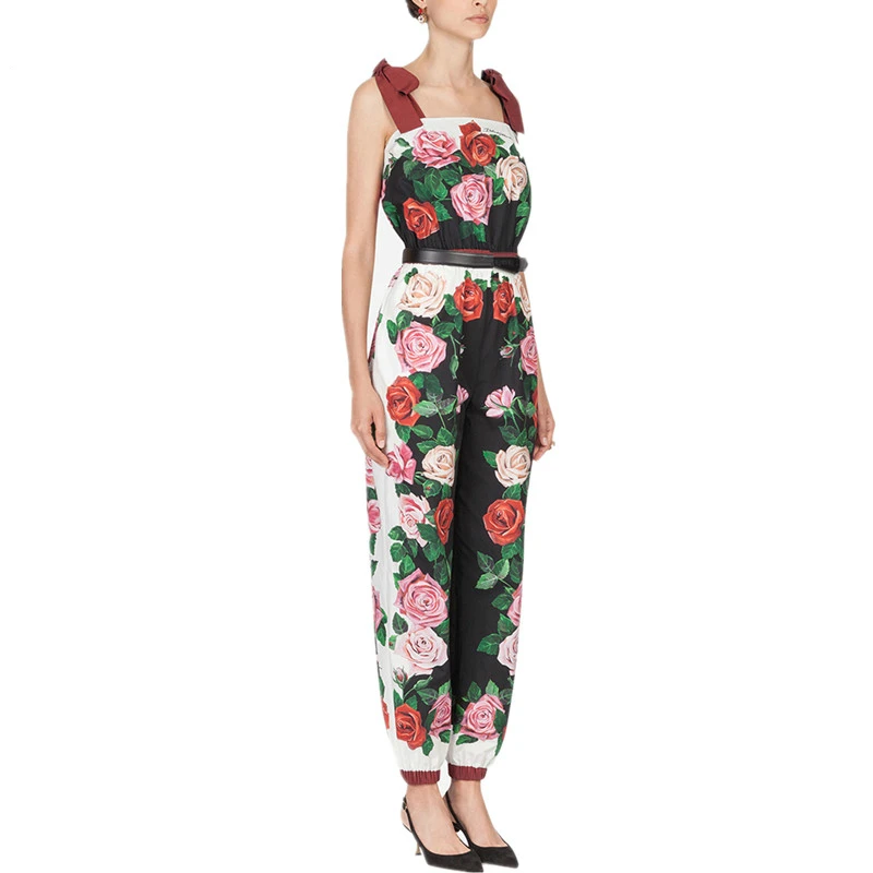 

Runway Designer Rose Jumpsuits 2019 Summer Women Vintage Bow Spaghetti Strap Slim Jumpsuit Romper Floral Print Jumpsuit