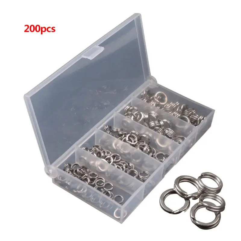 Novo Caixa Aço Inoxidável Split O-ring Peixe Pesado Duplo Anel Conector Pesca Acessórios Isca 200 Pçs –