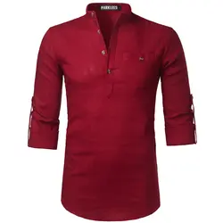 Льняная рубашка с длинным рукавом Для мужчин 2018 Фирменная Новинка красный Для мужчин s рубашки Повседневное Slim Fit Карманный сорочка