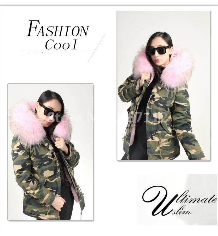 2017 Women Winter Camo Parkas Large Raccoon Fur Collar Hooded Coat Outwear 2 in 1 Detachable Lining Winter Jacket Brand Style