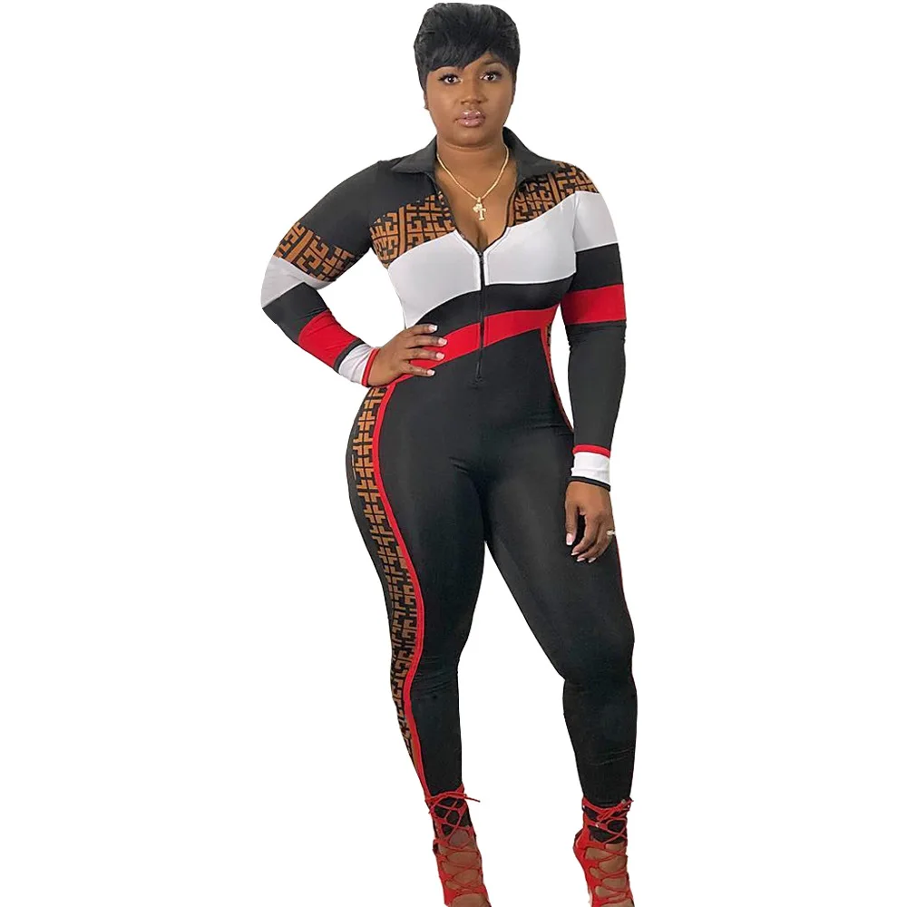 

Spring Autumn Women Jumpsuit Turn Down Collar Striped Long Pants Bodysuit High Waist Active Playsuit Plus Size