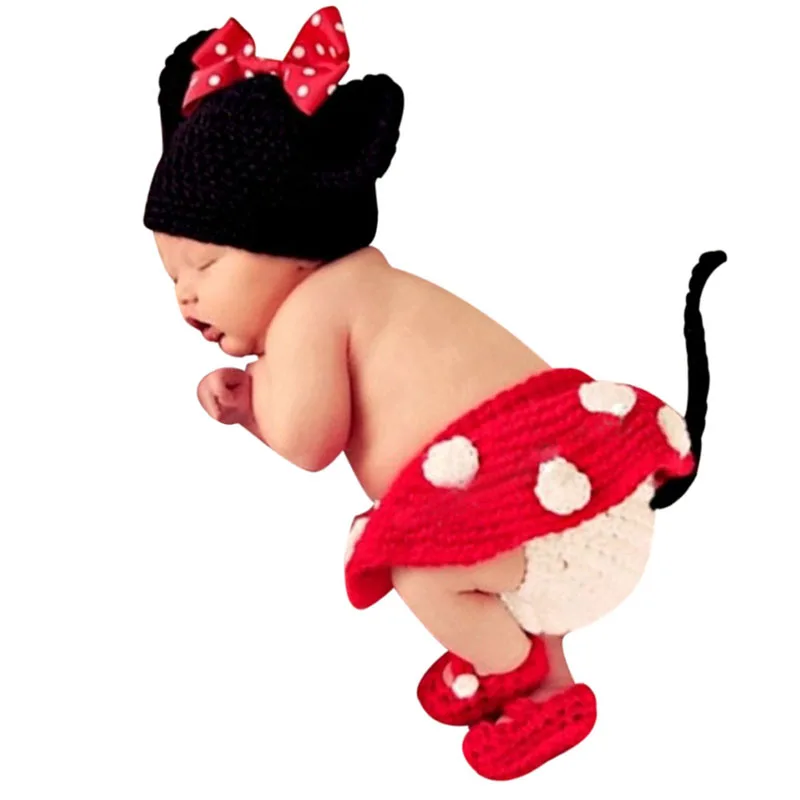 

4 Pcs Baby Photography Props Mikey Girls Knitted Photo Props Baby Hat Skirt Pants Shoes Sets Newborn Infant Crochet  Costume