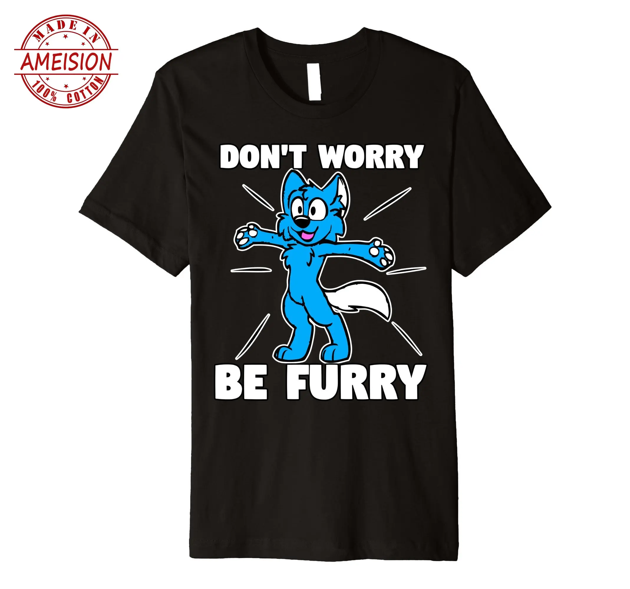PlainFunny Men T Shirt Novelty Tshirt Furry Fandom Shirt Don't Worry Be Furry Shirt Wolf Shirt Fox T-Shirt Print O-Neck Short