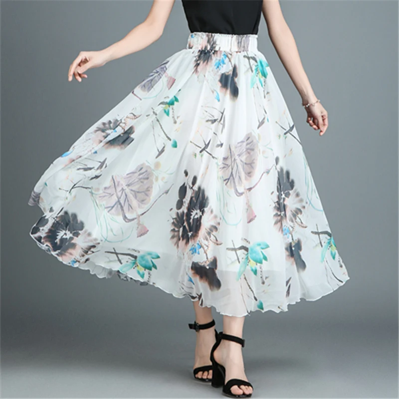 

Floral Print Vintage Skirts Women Same Size High Waist Knee-Length Skirts Casual Ruffles Midi Skirts A-Line Party Skirt