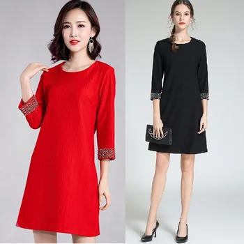 

2019 Spring Fashion Ladies plus size elegant beaded Shift Dress beautiful party dress 3/4 sleeves red vestidos M-XXXXXL XXXXL5XL