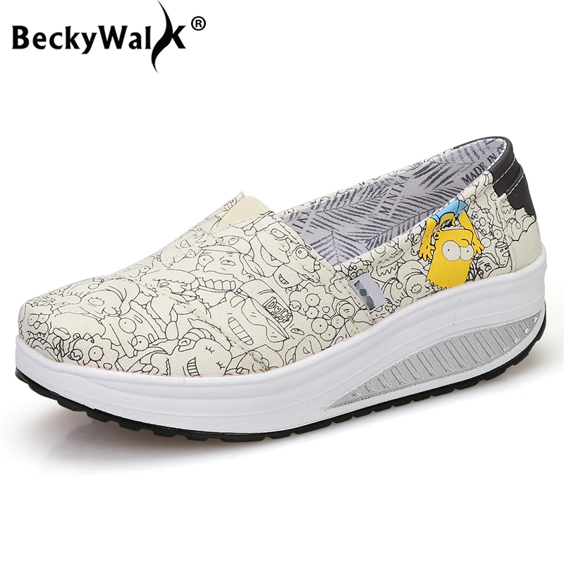 Туфли BeckyWalk женские холщовые повседневные лоферы на платформе с принтом без
