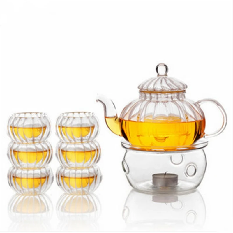 600ml Double Wall Glass Tea Pot Heat Resistant Pumpkin Glass Tea Pot Set Infuser Teapot+Warmer+