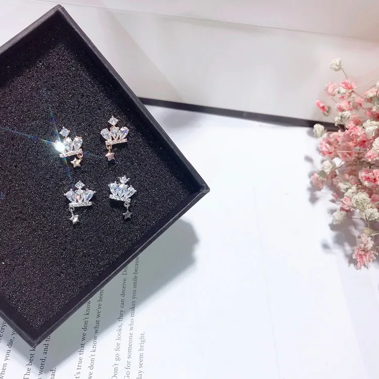 crown star cz earrings 925 silver post Hypoallergenic fadeless alloy fashion jewelry stud earrings for women girl Christmas gift