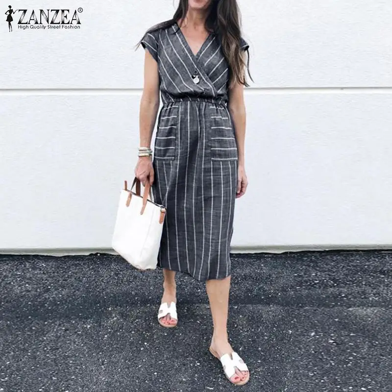 

2019 Eleagnt Striped OL Dress ZANZEA Summer Work Long Sundress Women Casual V Neck Vestido Fashion Sleeveless Cotton Femme Robe