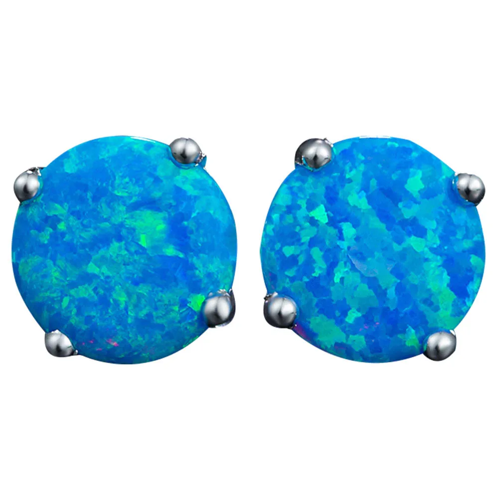 2PC Fashion Women Blue Stone Round Earring Silver Color Stud Earrings