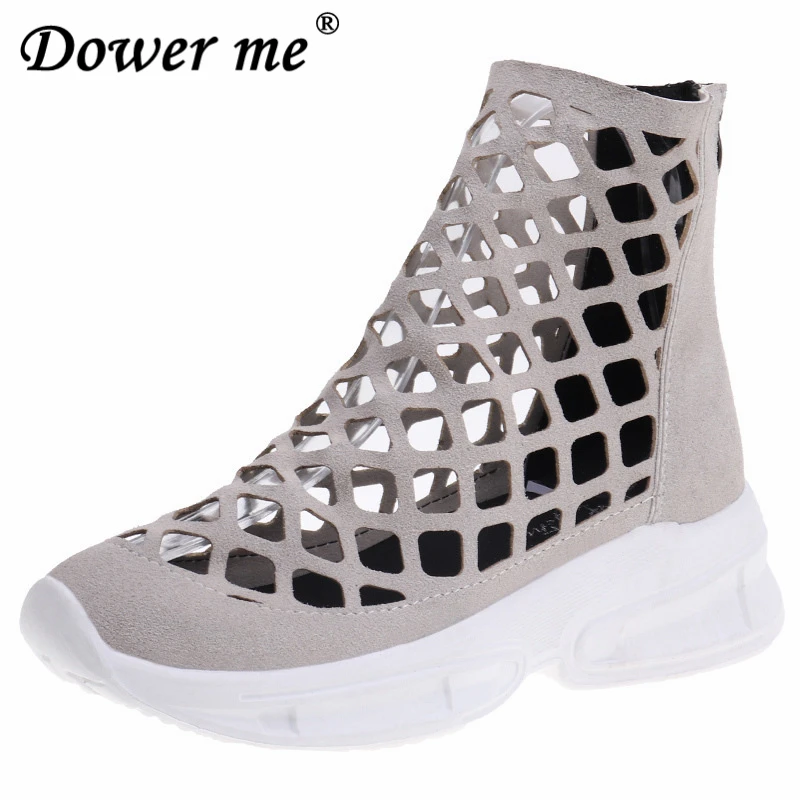 

Ladies Summer Beige Boots Air Mesh Hollow Short Boot Sneakers Breathable Fashion Female Casual Boots Zipper Solid Shoes top boot