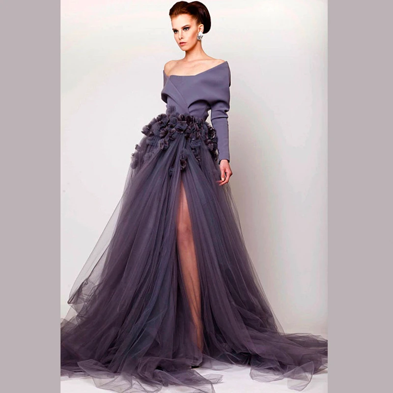 

vestidos de noche Abendkleider Elegant Grey Unique Dubai Evening Dresses with Long Sleeve Side Slit Special Occasion Dress