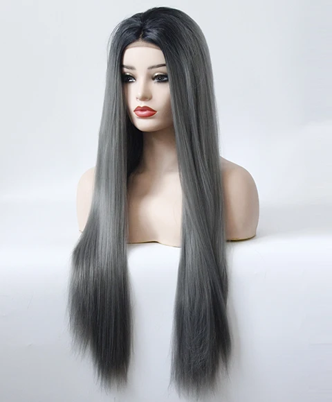 Черные корни Омбре темно-серый средняя часть парик ручная вязка синтетические кружева передние натуральные длинные прямые волосы парики для черных женщин