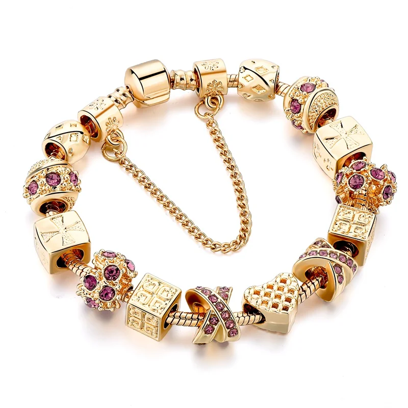 Модный Фиолетовый хрустальный ключ браслет для женщин золотые европейские бусы Сделай Сам браслеты и браслеты Pulseira SBR170014 - Окраска металла: Purple