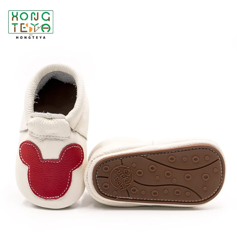 Жесткие пинетки для новорождённых малышей обувь для малышей Веселый Микки Маус принт из натуральной кожи детская обувь для новорожденных