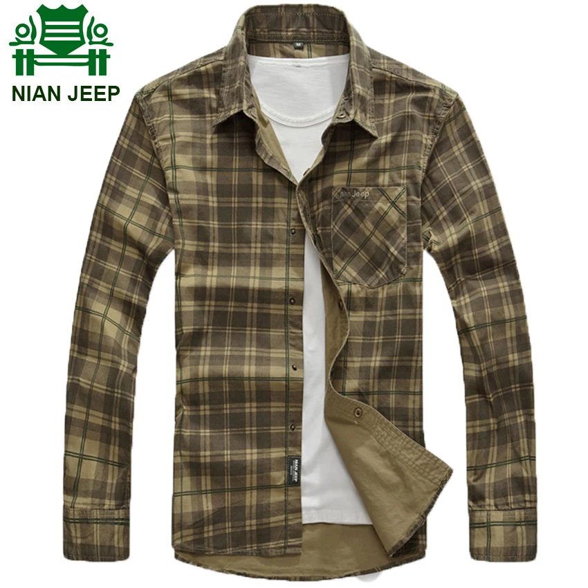 NIAN JEEP Brand Clothing chemise homme Army Plaid Shirt Long Sleeve Casual Turn Down Collar Men