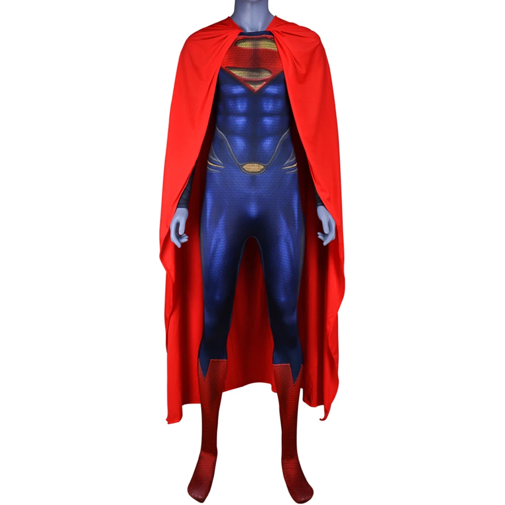 Костюм супермена Человек из стали Косплей наряд Делюкс 3D принт комбинезон с красной накидкой супергероя Хэллоуин Zentai дети/взрослые