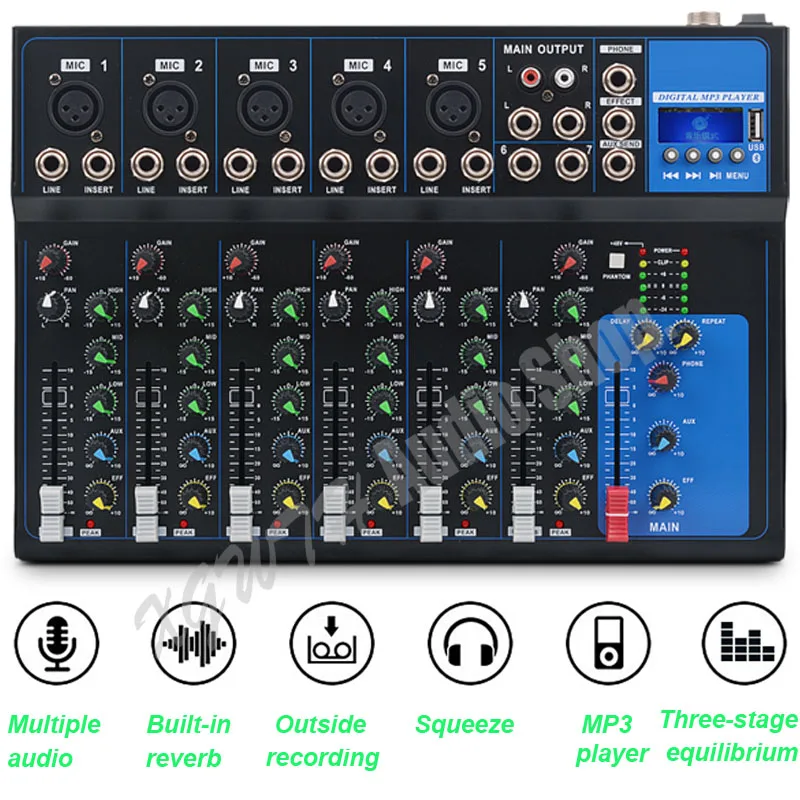Mixer 7 Channel Audio Mixer with Bluetooth USB 48V