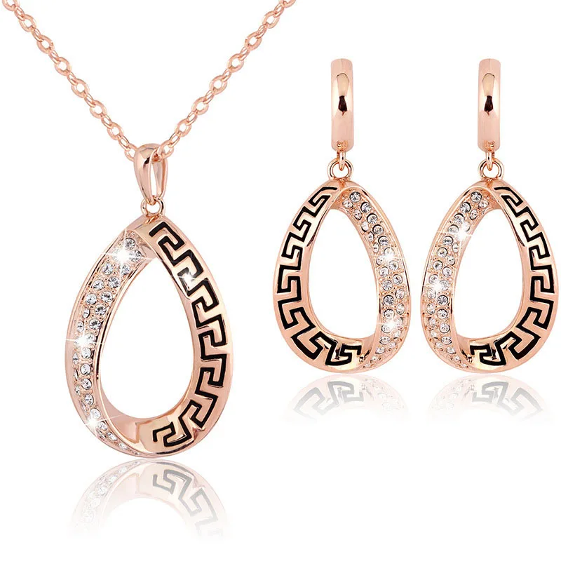 

Classic Metal Teardrop Jewelry Sets Crystal Rhinestone Pendant Necklace Earrings Ring Enamel Accessory