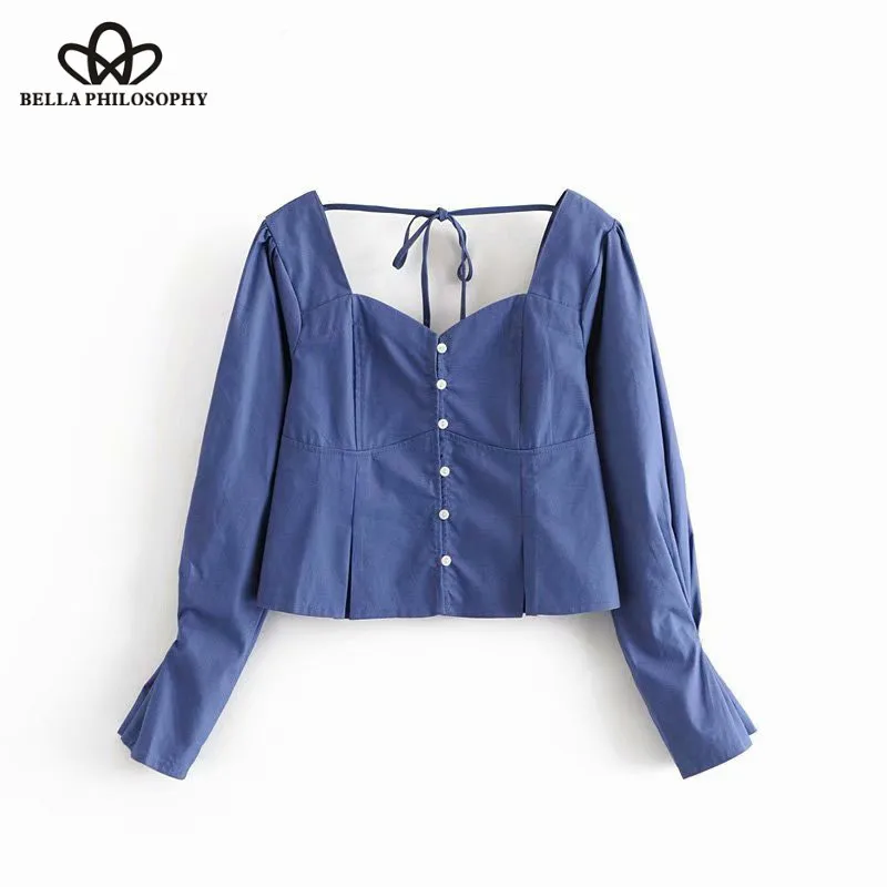 Wonder 2018 new Vintage Chic Buttons Short Tops Blouses Square Collar Pleated Sleeves Back Bow Tie Shirts Casual Blusas Mujer