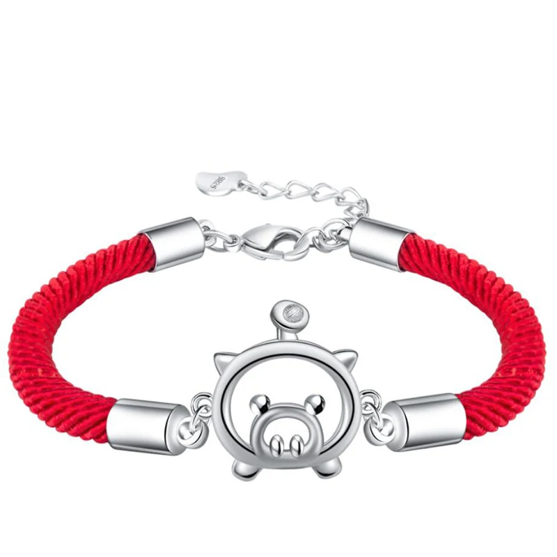 

Fashion 925 Sterling Silver Bracelets For Women Holiday Jewelry Exquisite Red Rope Cute Pig Bracelet Bangles Girl Birthday Gifts
