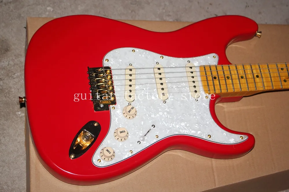 Factory custom glossy red body electric guitar with SSS pickups,white pickguard,GOLD hardware,can be customized