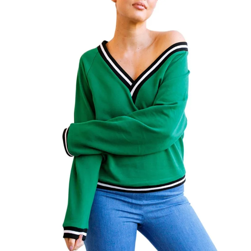 

Spring Women Sweatshirts V-neck Hoodies Autumn Solid Color Spell Long-sleeved Shirt Women Clothing