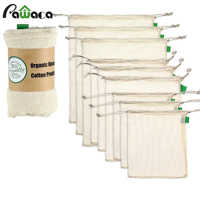 Baratos 9 unids set bolsas de malla de algodón orgánico de alta calidad reutilizable lavable bolsa con cordón para compras, comestibles, frutas y verduras