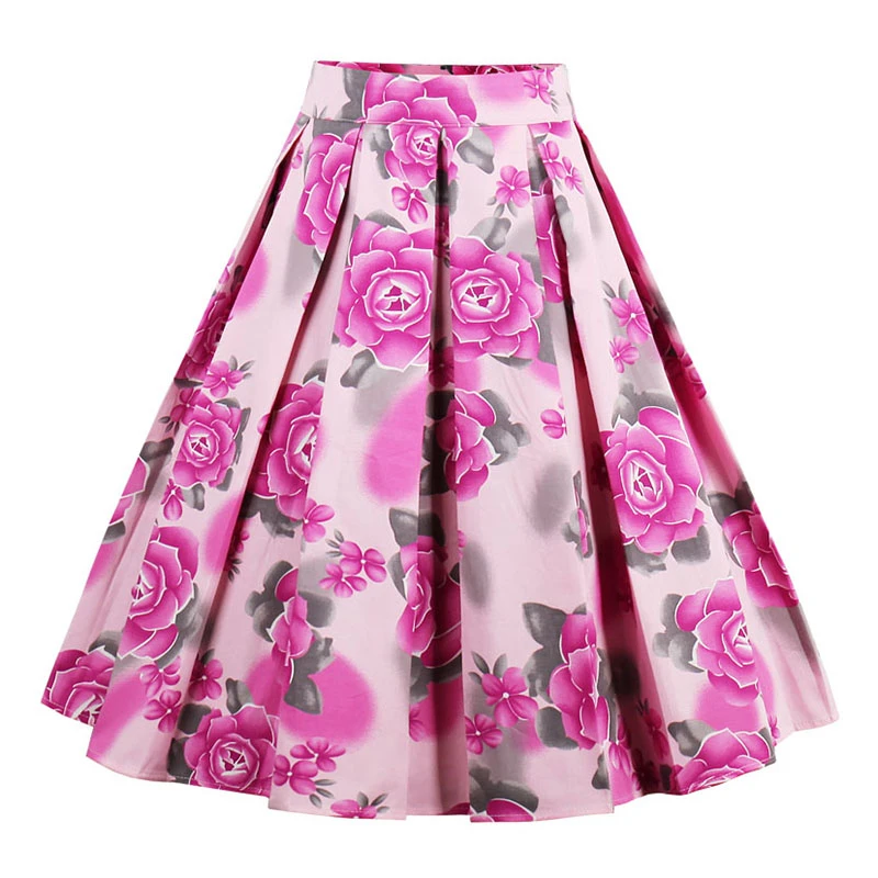 Kostlish Retro Print Flower Summer Skirts Womens 2017 High Waist Vintage Skirt Elegant A-Line Midi Women Skirt Plus Size XXL (21)