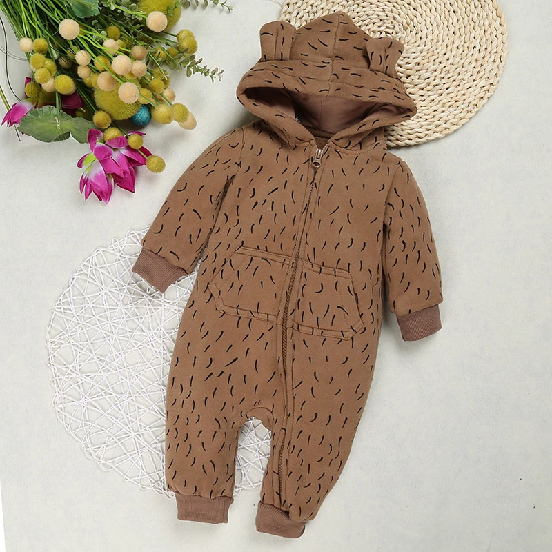 Long Sleeve Hooded Leopard Baby Kids Fleece Romper Autumn Winter Infant Jumpsuit
