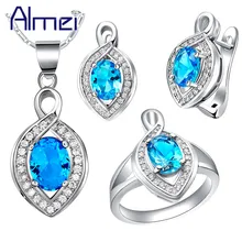Almei серебристо-голубой ювелирных наборы для Для женщин Свадебные Bridals Серебряные серьги Красный Цепочки и ожерелья комплект розового и фиолетового цветов Кристалл Кольца T452