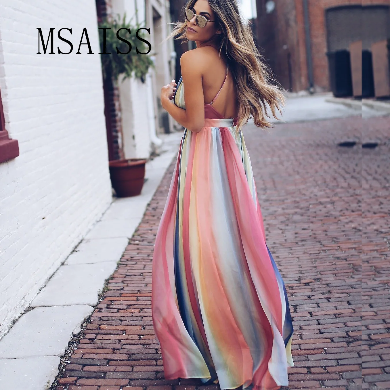 

MSAISS Sleeveless V-Neck Strap Beach Casual Long Dress Women Sleeve Sundress Chiffon Dresses