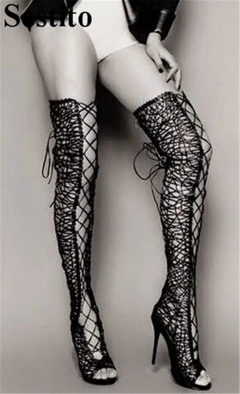 

Sexy Black Lace Cross-tied Woman Boots Peep Toe Thin Heels Platform Over-the-Knee Boots For Women Lace-up Casual Women's Shoes