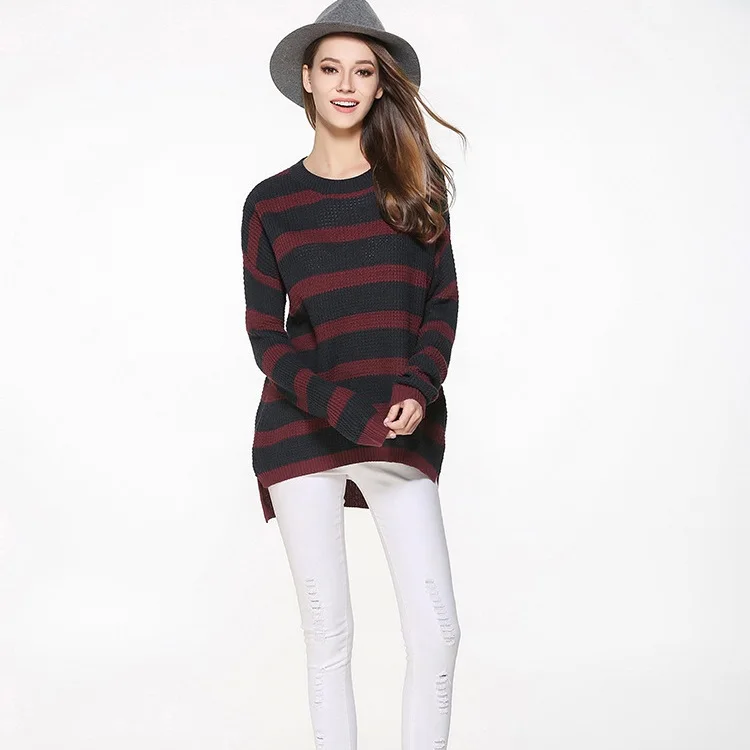 2017 New Fashion Women Knitted Sweaters Pathwork Long Sleeve O-neck Pullovers Casual Loose Pullovers Striped Long