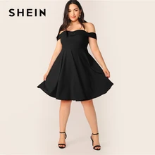 SHEIN, платье трапециевидной формы с открытыми плечами размера плюс,, женское летнее элегантное милое однотонное платье с высокой талией