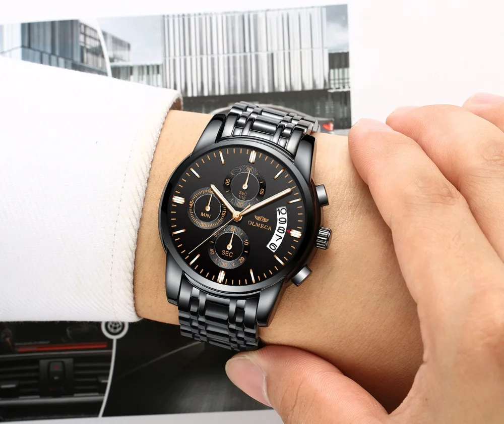 OLMECA Relogio Masculino Men Watch Luxury Watches 3ATM Waterproof Clock Chronograph Wristwatch Stainless Steel Band & Leather