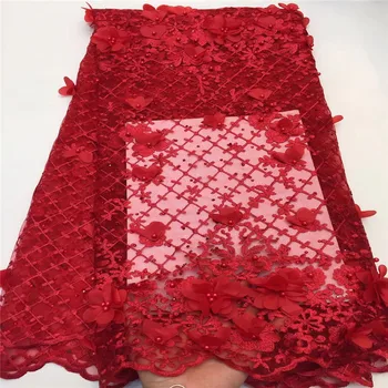 

2018 New style Red French net lace fabric 3D flower African tulle mesh lace fabric high quality nigerian lace fabrics HJ1494-1
