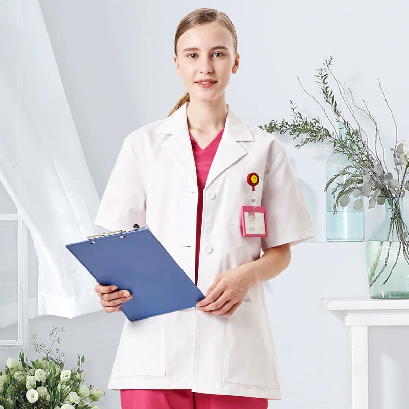 

Women's Lab Coat White Medical Coats Jackets Drugstore Hospital Clinic Workwear 30" Short Sleeve Professionals Slim Lab Coat