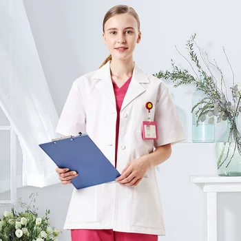 

Women's Lab Coat White Medical Coats Jackets Drugstore Hospital Clinic Workwear 30" Short Sleeve Professionals Slim Lab Coat