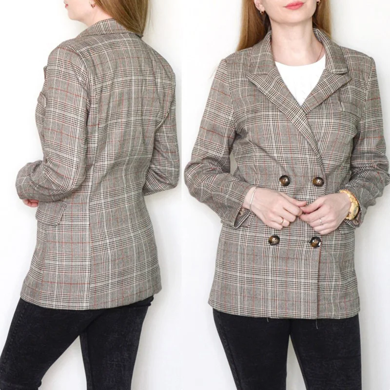 Female Plaid Retro Suits Coat Vintage Bouble Breasted Women Blazers Autumn Pockets Jackets Office Lady Feminino Outerwear 2019